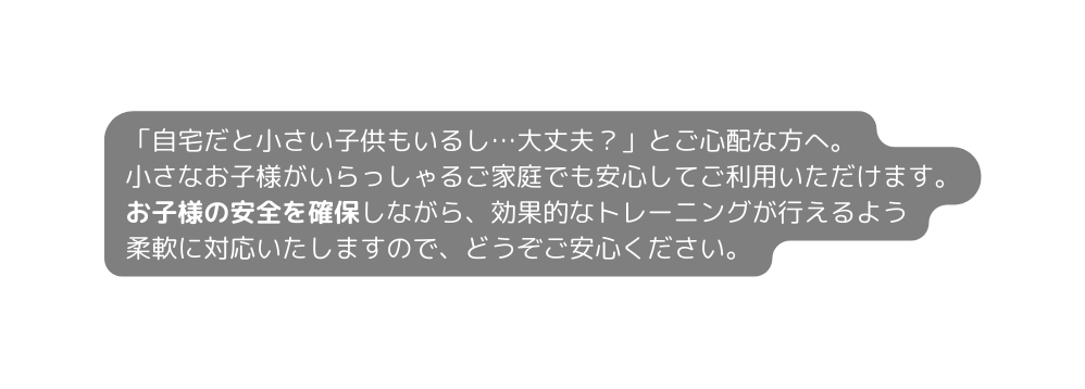 自宅だと小さい子供もいるし 大丈夫 とご心配な方へ 小さなお子様がいらっしゃるご家庭でも安心してご利用いただけます お子様の安全を確保しながら 効果的なトレーニングが行えるよう 柔軟に対応いたしますので どうぞご安心ください